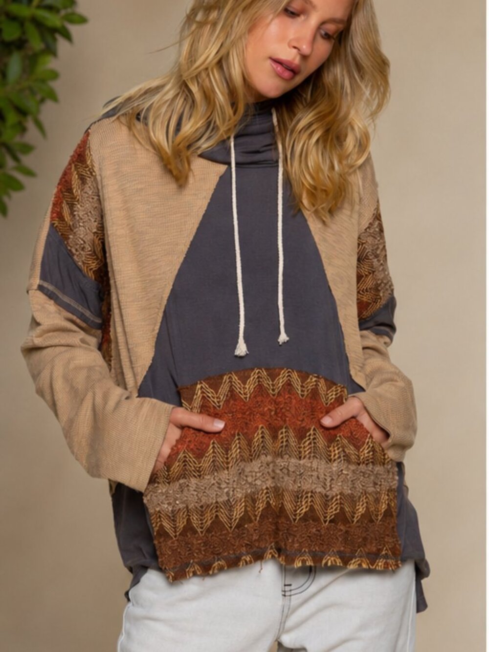 New POL Patchwork Boho Hoodie Size L | Earth Tone | Exposed Seam |Free People